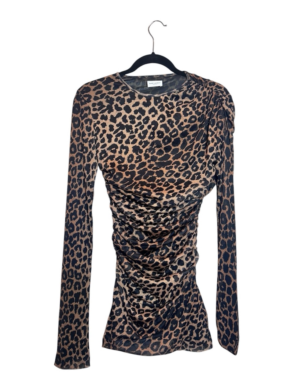 Saint Laurent Ruched Mini Dress in Leopard Tulle Jersey